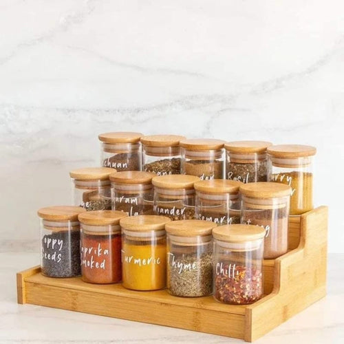 15pcs Glass Spice Jar set with a wooden bamboo stand