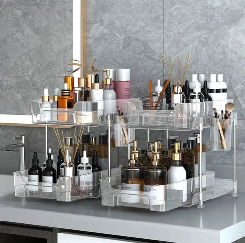 2 tier multifunctional clear organising tray with dividers