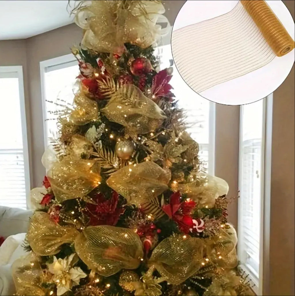 26cm 10 Yards Gold White Mesh Ribbon DIY Xmas Tree Glitter Mesh Roll Decorations