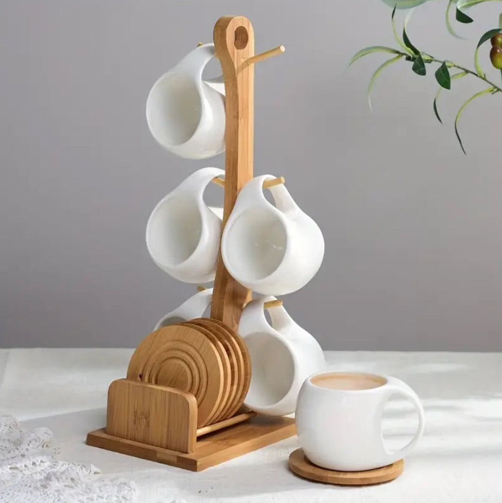 Fashion ceramic 6 cups (200ml) with wooden bamboo stand and 6 bamboo coasters