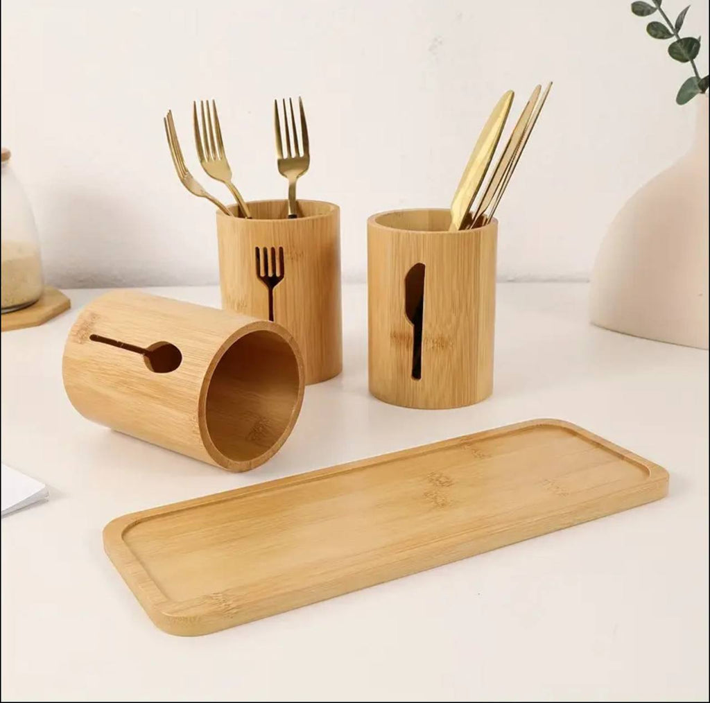 Eco-friendly 4in 1 bamboo cutlery holder inclusive of a bamboo base