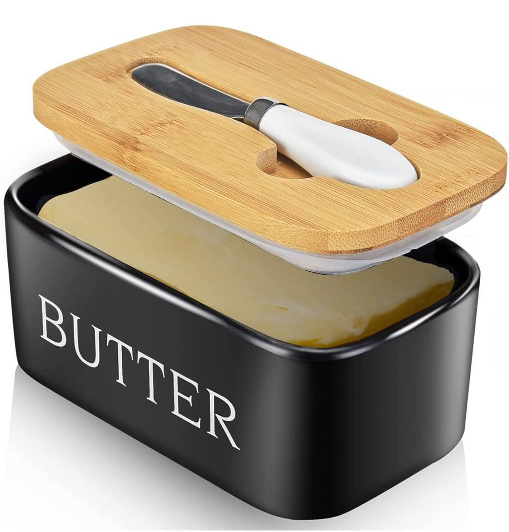 Large Size 850gms Ceramic Butter Dish with bamboo lid and butter knife