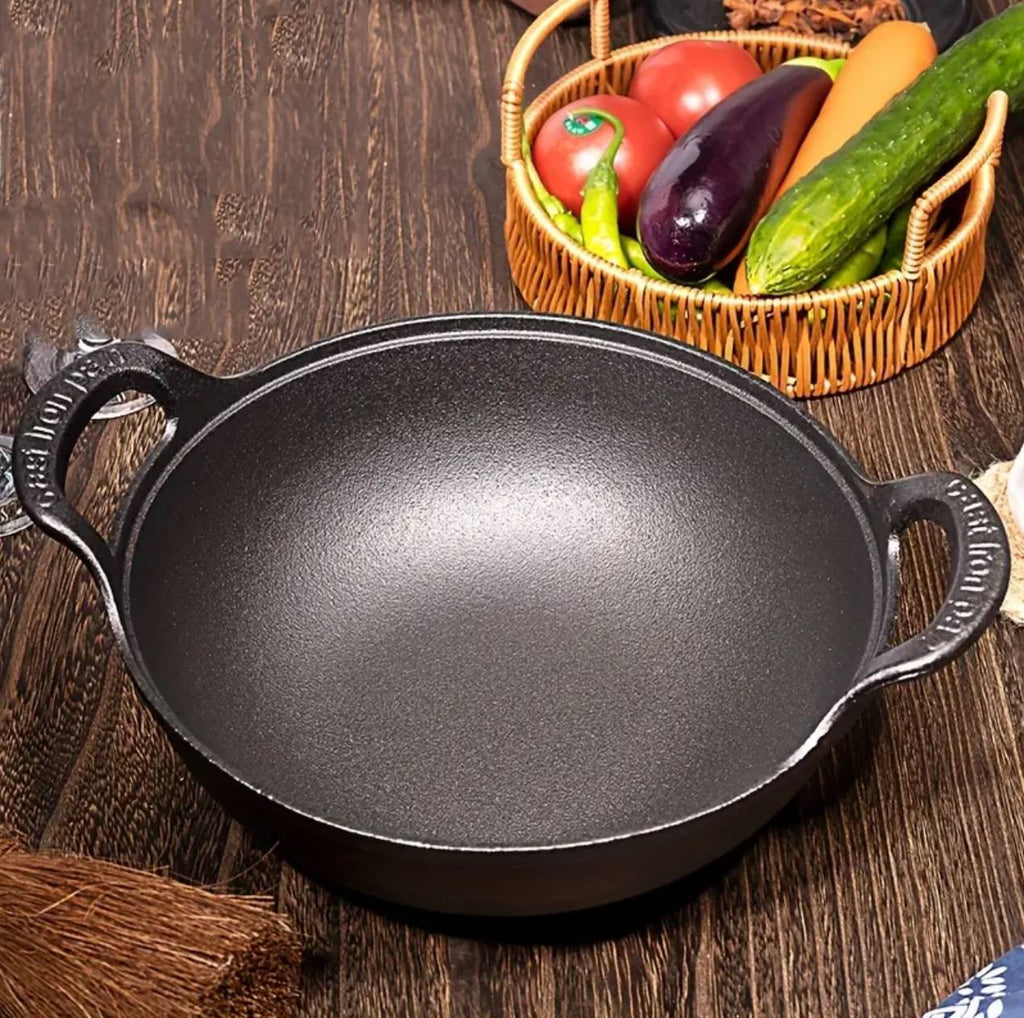 Pre-seasoned Pure Cast Iron Flat Bottom Wok with Wooden Lid