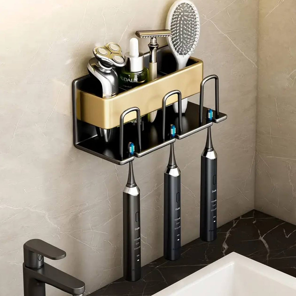 Metallic wall mounted toothbrush/paste holder.