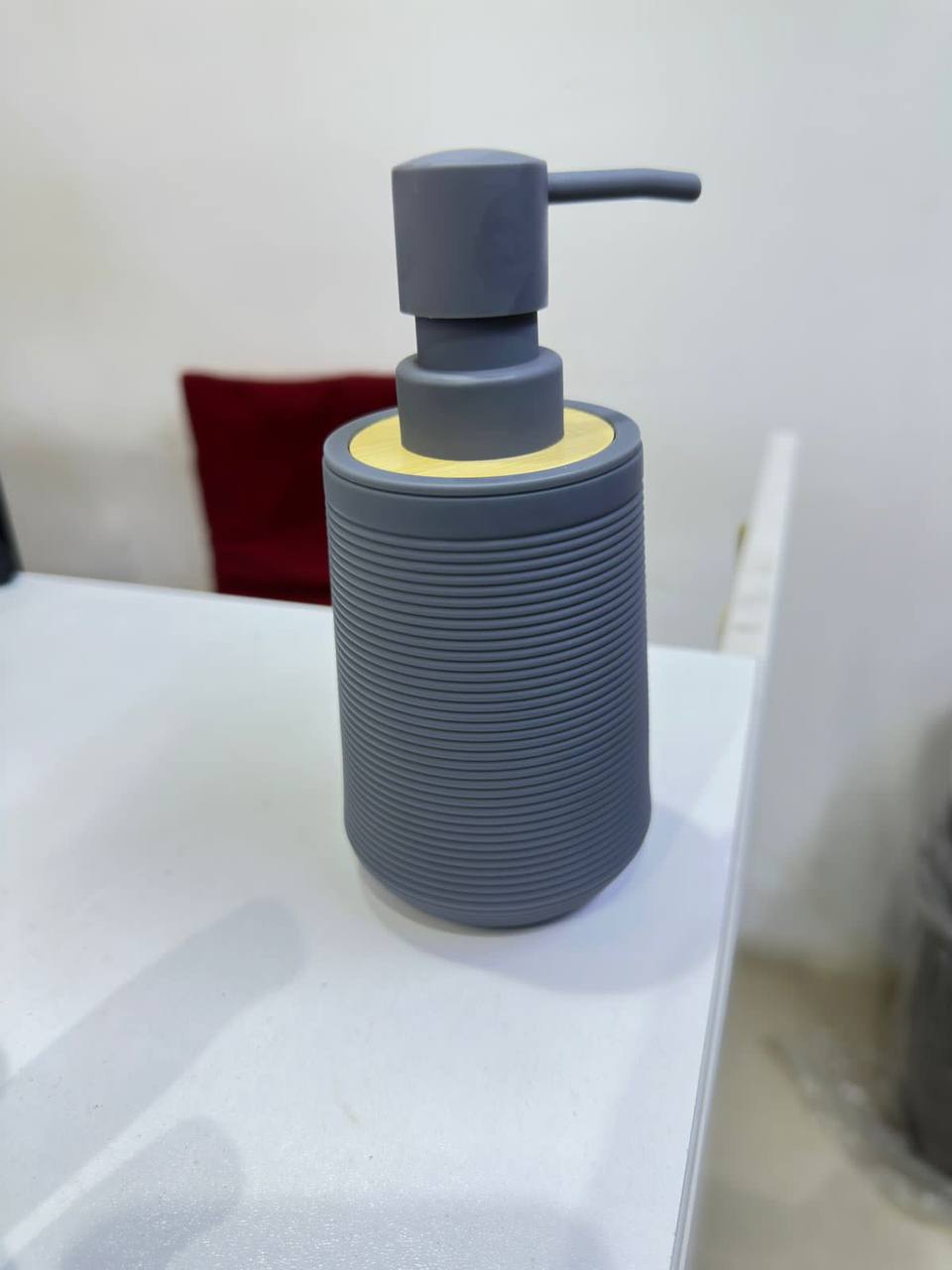 Modern Matt round hand soap dispenser with bamboo trim