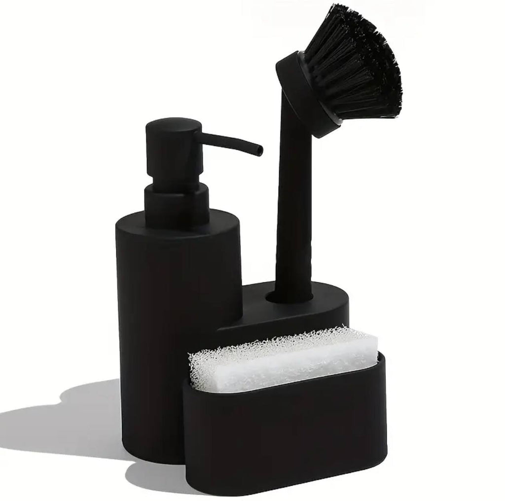 Kitchen soap dispenser 3 in 1 with dish washing brush and sponge holder set.