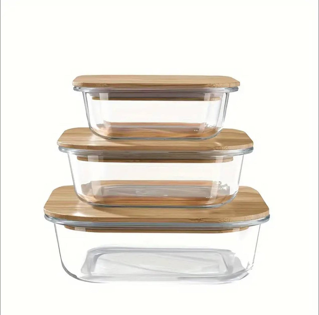 3pcs glass bowl storage containers with bamboo
