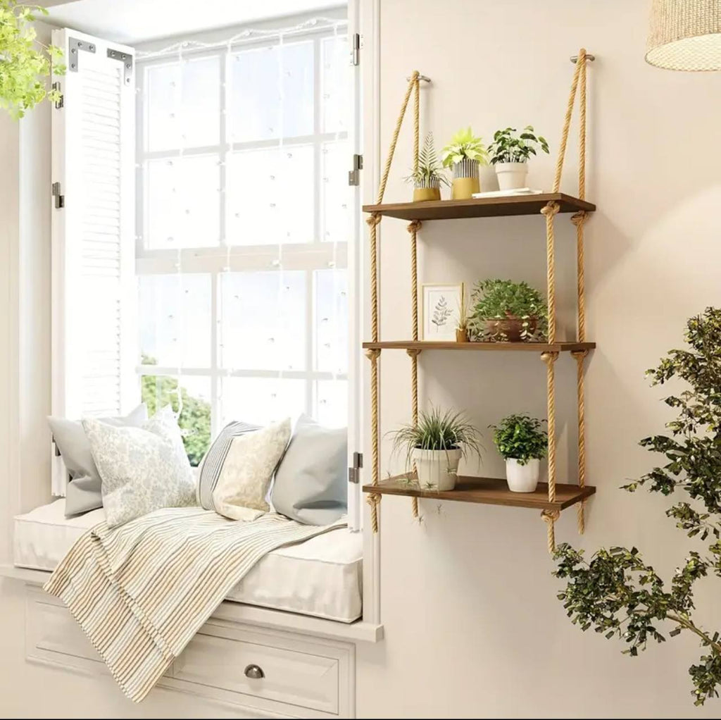 3 Tier Wooden  Floating Shelf / Hanging Rope Organizer Rack