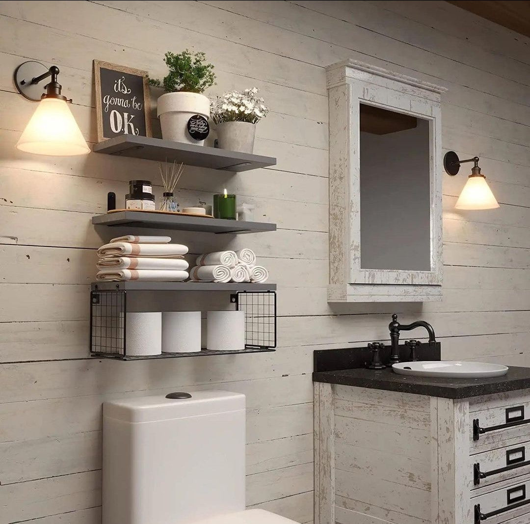 Solid pine wood bathroom floating shelf
