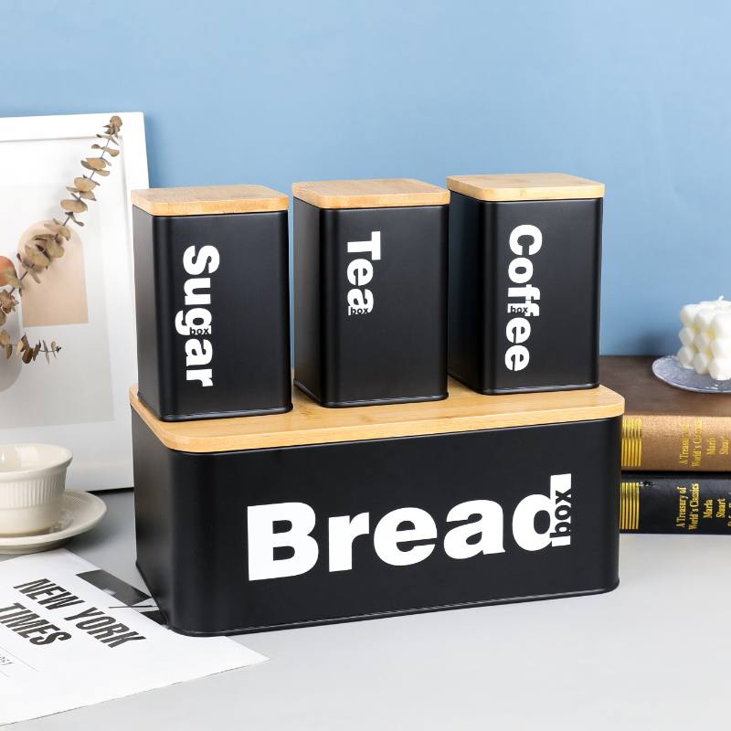 Bread Bin with Three Canister Set with Bamboo Lid