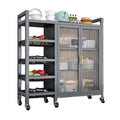 Multi-functional kitchen storage rack with visible doors and metal handles