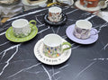 Elegant Retro Hand-printed peony Flower Coffee Cups & Saucers.