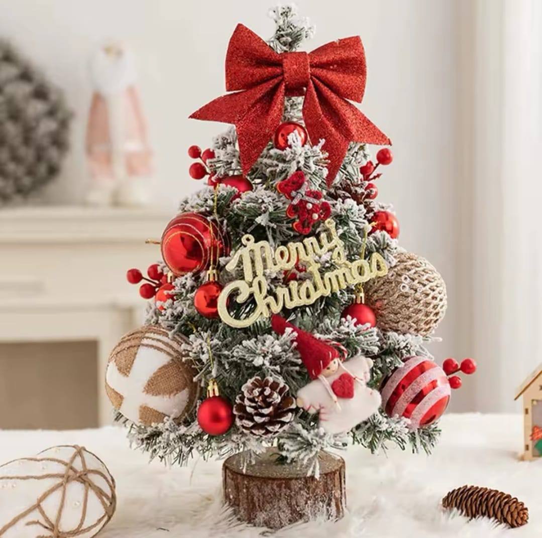 Table top Christmas tree with decor and lights