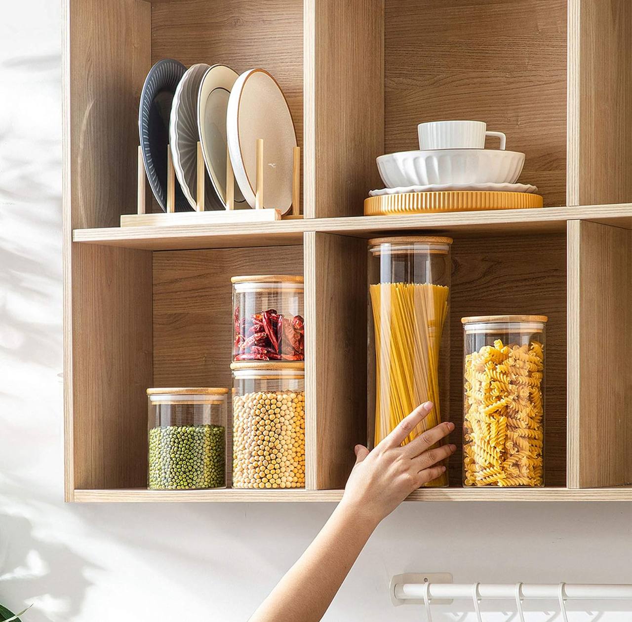 3pc Glass spaghetti/cereal jar with airtight Bamboo lid.