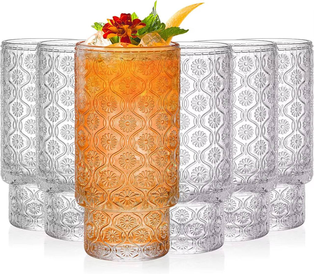 Embossed vintage Ribbed transparent Glass / iced coffe glass 6pc
