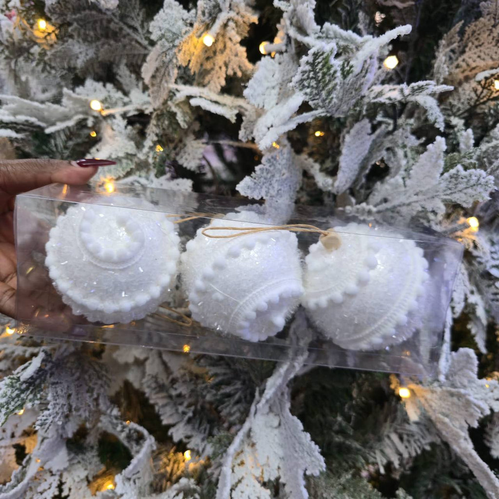 White Beaded 3pc Set Christmas Ball