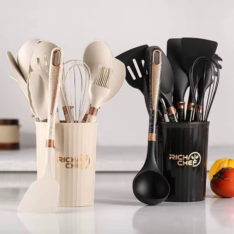 12pcs set silicone Non stick cookware spatula shovel spoons with storage Bucket