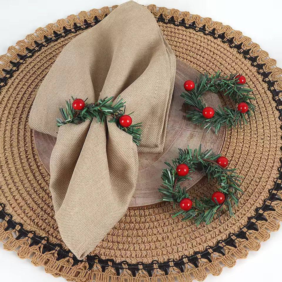 set of 6pcs Christmas Red Fruit PVC Pine Needle Napkin Ring Holders Xmas Table Decoration