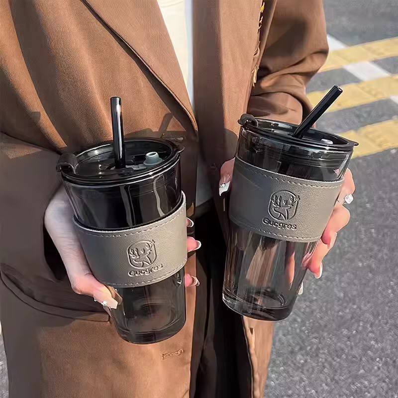 Glass Cups With Cover+Straw+Leather Sleeveand•?ÎReusable Boba Bottle, Iced Coffee Glasses, Travel Tumbler For Bubble Tea