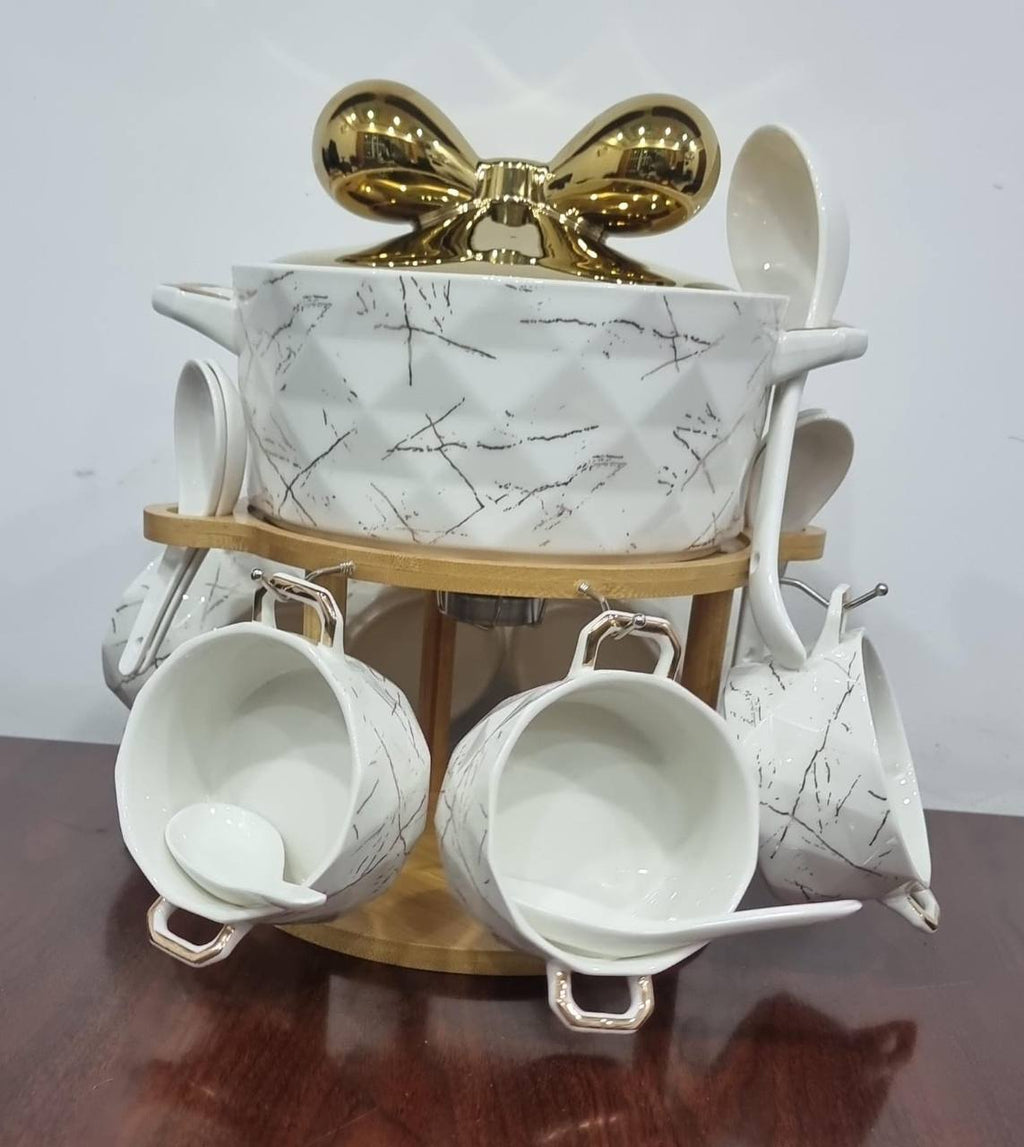 JC7572 set of 6 ceramic marble-like soup bowls 1 soup touren on bamboo base + burner