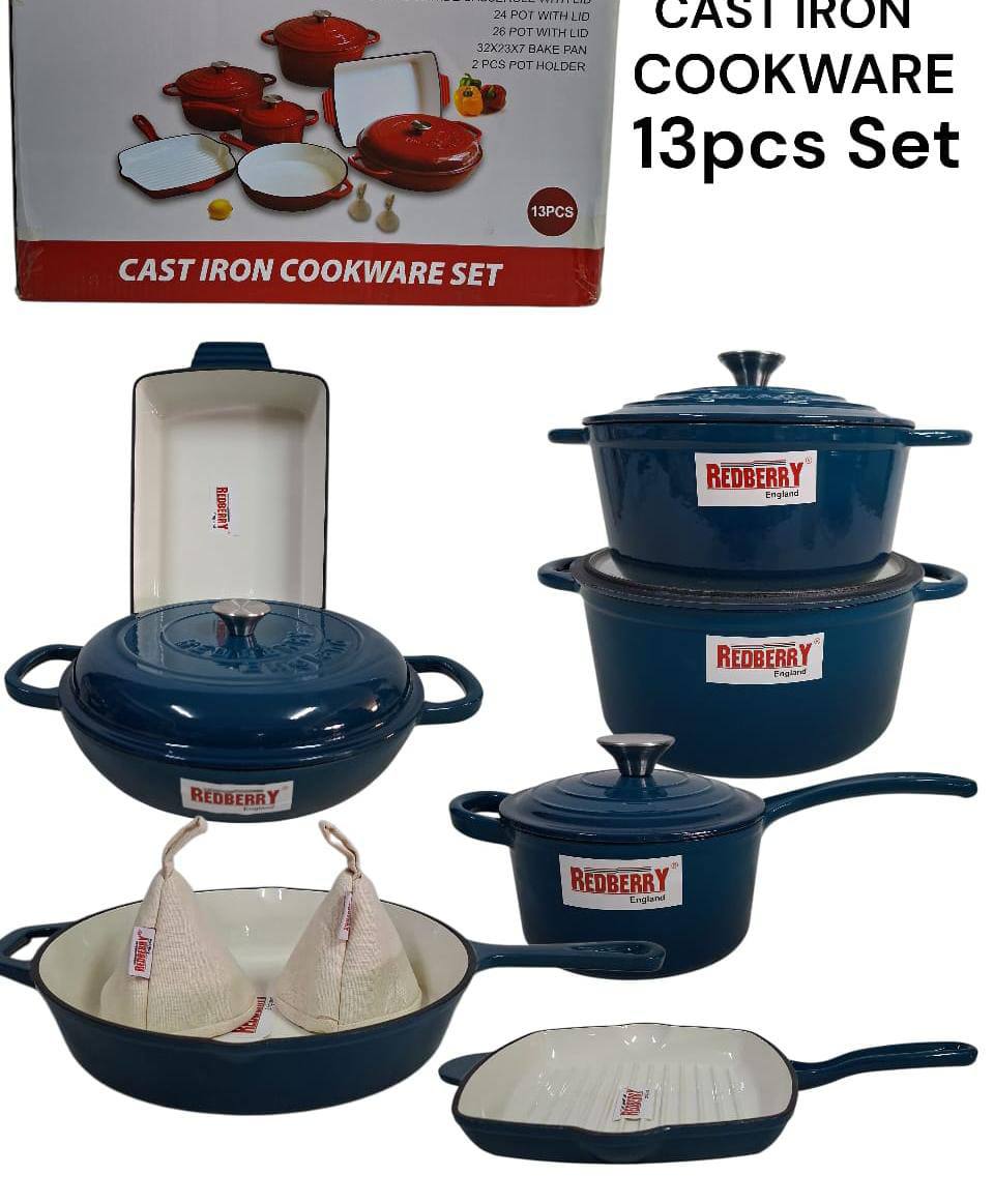 Experience premium performance with this 13-piece enamel cast iron cookware set at