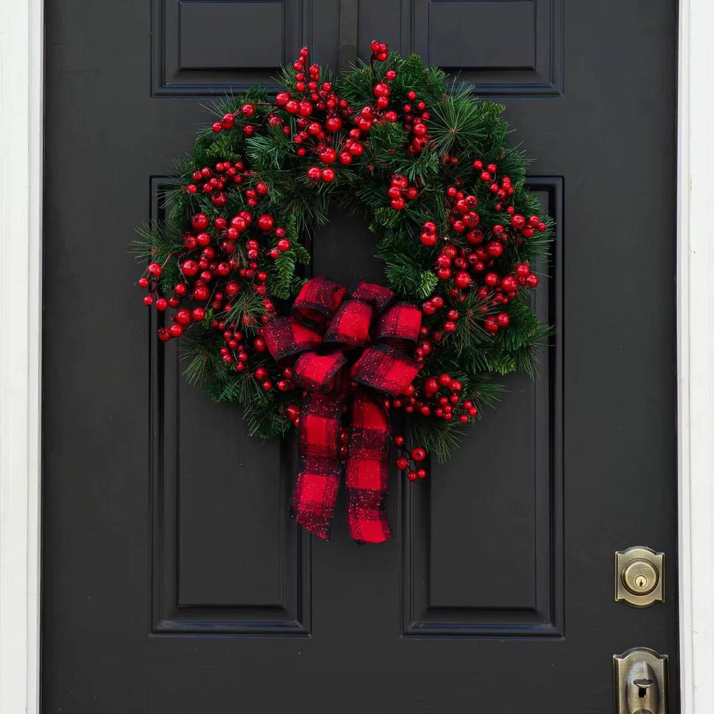 Christmas Red wreath front door hanging with decorations