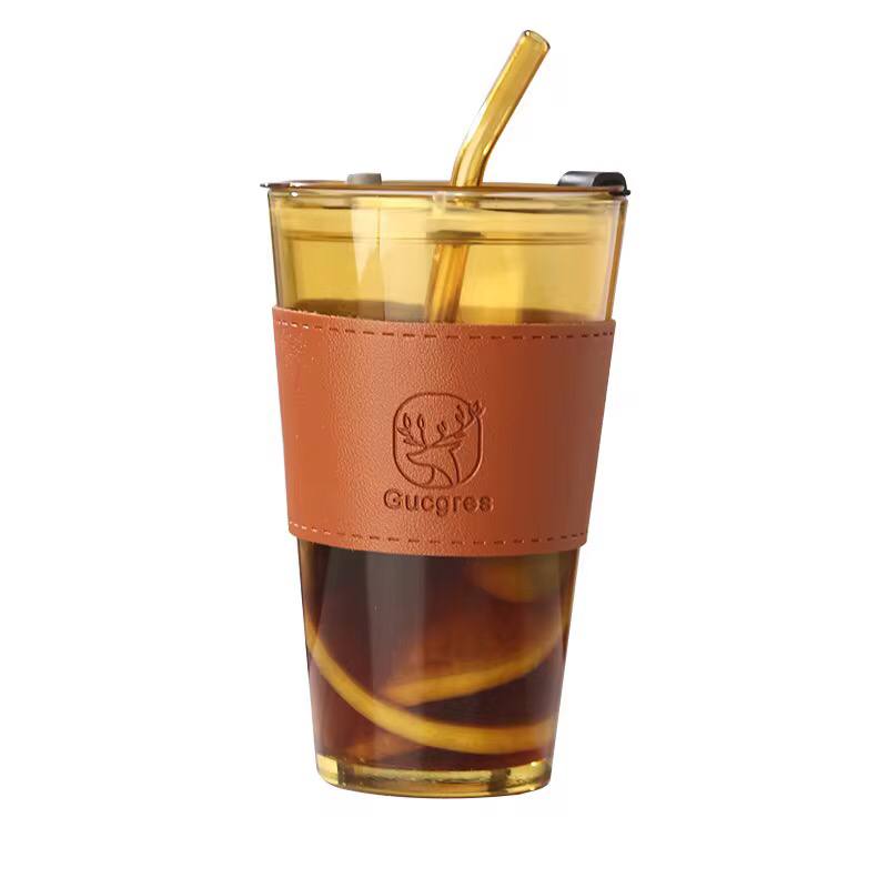 Glass Cups With Cover+Straw+Leather Sleeveand•?ÎReusable Boba Bottle, Iced Coffee Glasses, Travel Tumbler For Bubble Tea