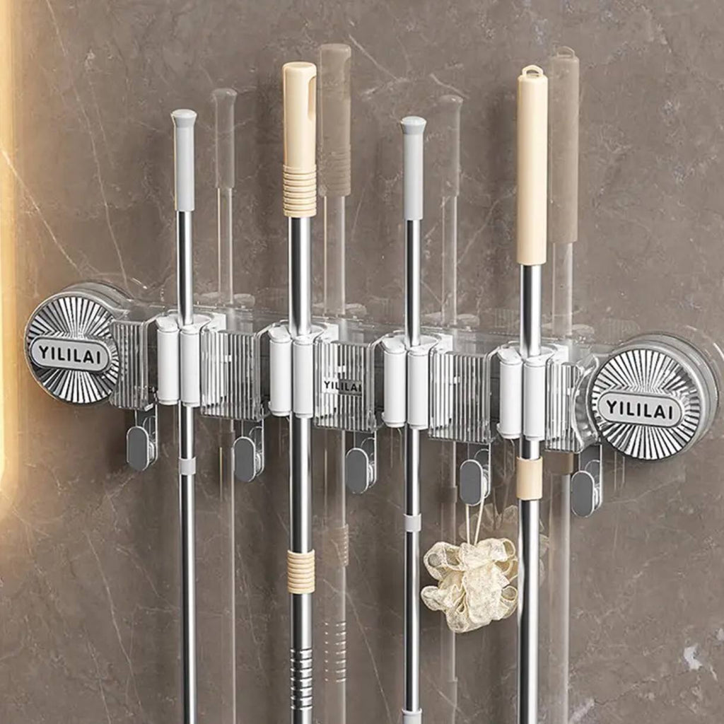 4-Holes Multi-Purpose Hooks Mop Hanger / Rack with  Hanging Hooks & Self adhesive Stickers