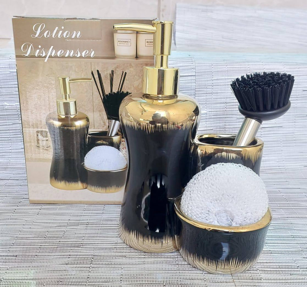 Combined 3 level ceramic lotion / soap dispenser with 2 slots brush and wash pad