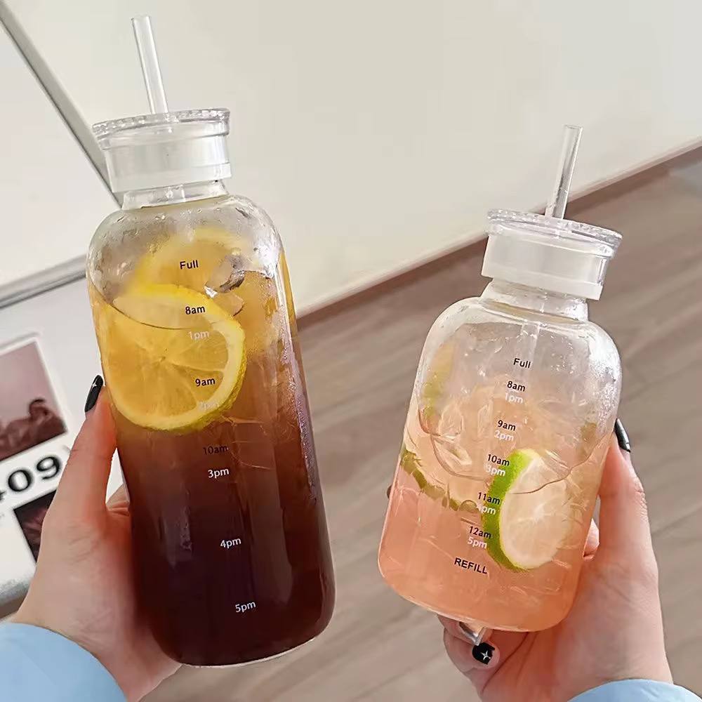 750ml clear high quality borosilicate glass water bottle with straw