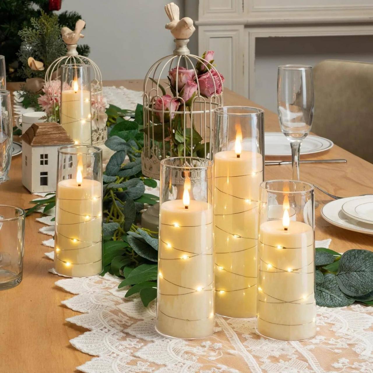 Acrylic flameless LED candles with string light powered by AA batteries remote control operated