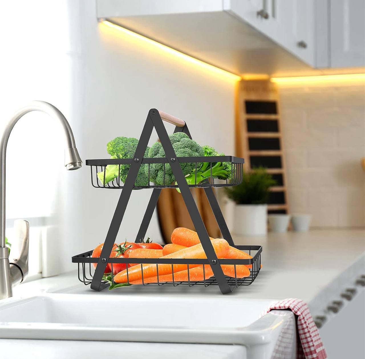 2 Tier Black Metallic Fruit Rack with Wooden Handle