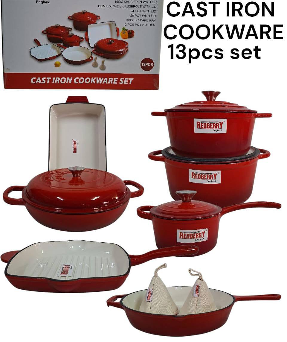 Experience premium performance with this 13-piece enamel cast iron cookware set at
