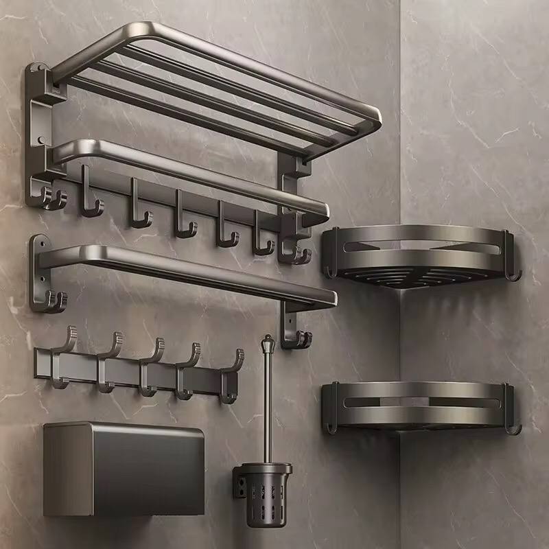 7pcs Black Multifunctional Aluminum Bath Towel Storage Rack Set Bathroom Storage Rack