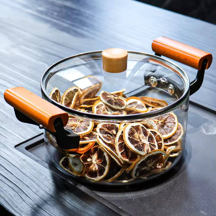 2 wooden handle High Boron Heavy  borosilicate Glass cookware
