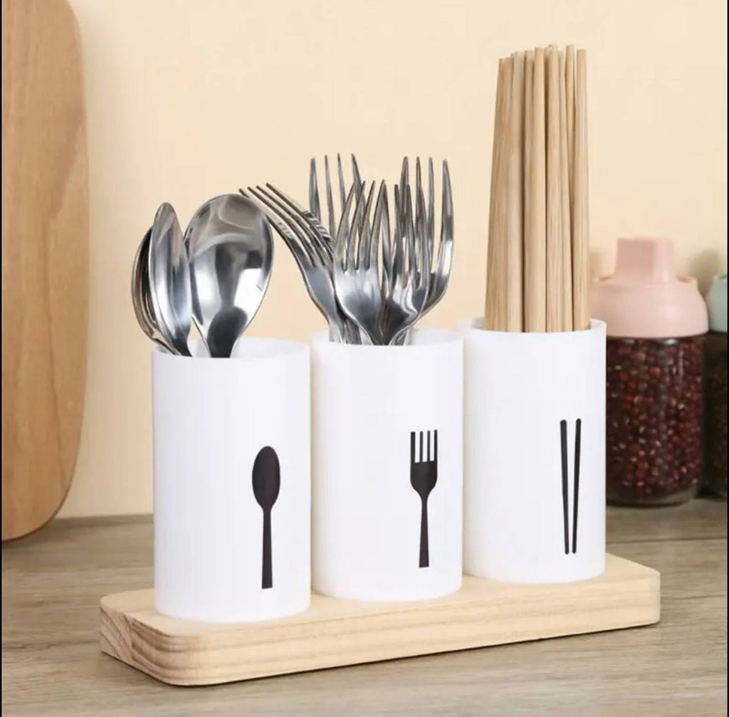 3pc cutlery organizer with oak base