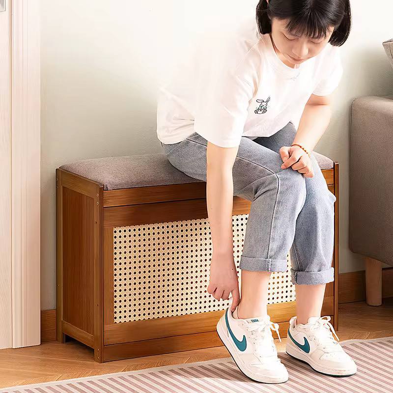 Wooden stool with bucket flip  shoe cabinet
