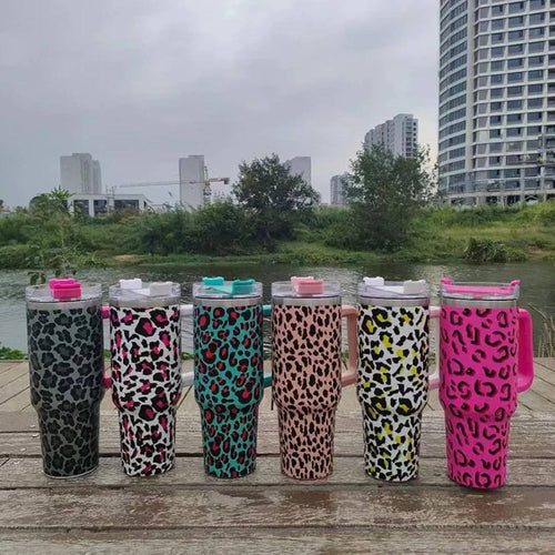 1200ml Large Capacity Vacuum Insulated Stainless Steel Tumbler,chui/Leopard Print, with Handle, Light Pink Leopard