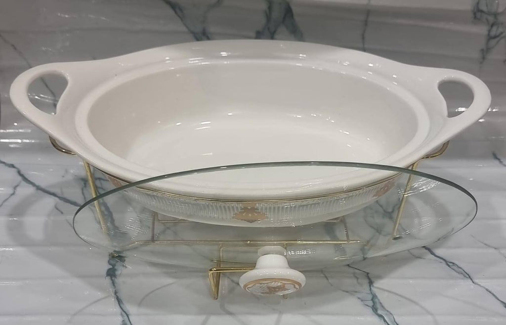 1.5L or 2L single ceramic round chaffing dish + burner and golden stand