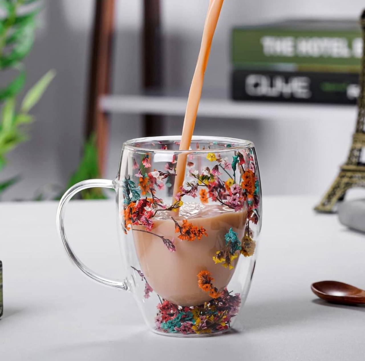 Double Wall Glass Coffee Mug with Colorful Floral Design ‰ÛÒ Heat Resistant Transparent Tea Cup with Handle, Elegant Insulated Glassware for Hot & Cold Drinks, 350ml