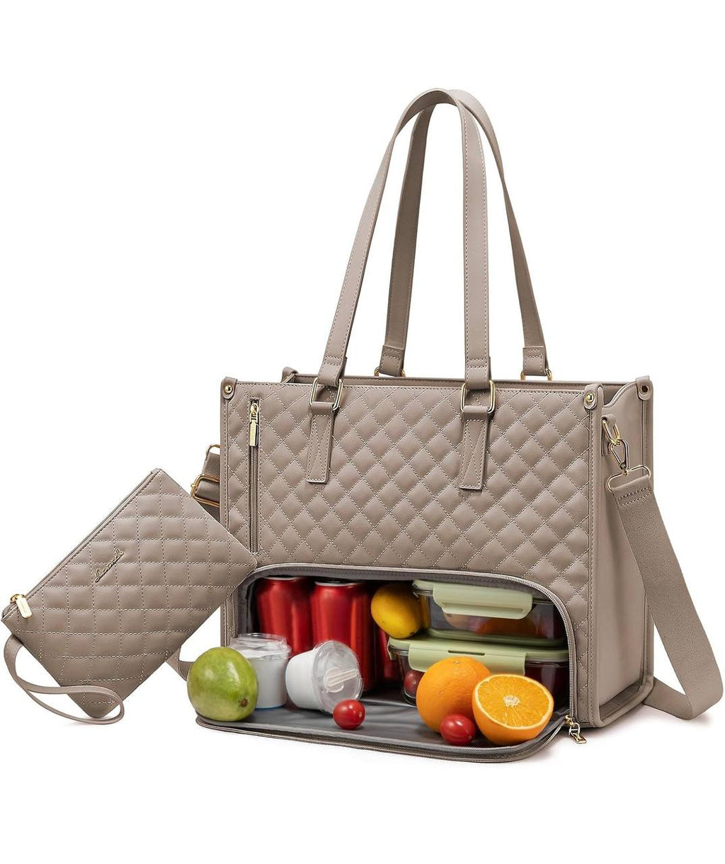 Quilted Large Capacity 15.6‰۝ Business Laptop Tote Bag with Insulated Lunch Compartment