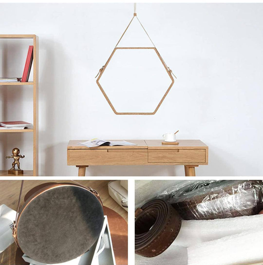 Hanging Wall Mirror Geometric Hexagon Wall Decor Mirror with PU Leather Chain