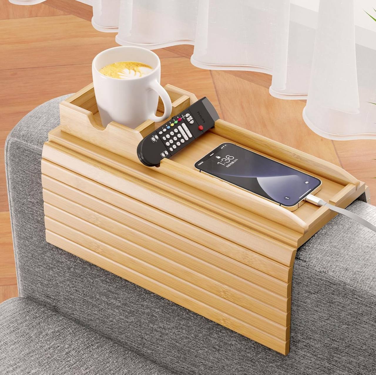 Bamboo sofa arm rest organizer