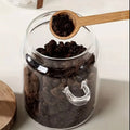 Mulit-purpose Modern Glass Sealed storage Jars with Acacia wood lid and Spoons