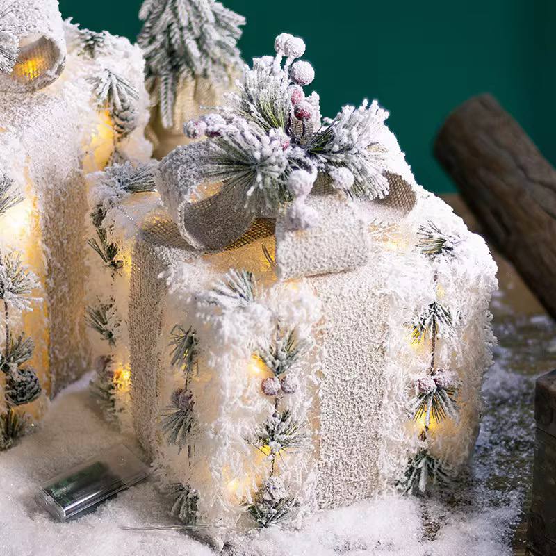 3Pc Set Snow Flocked Christmas Lighted Gift Boxes (Design A)