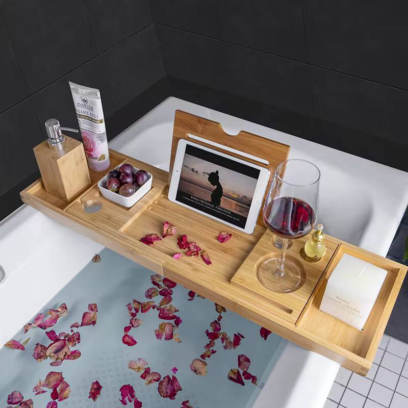 Expandable Bamboo Bathtub Caddy Tray / Breakfast Bed Table with Stands