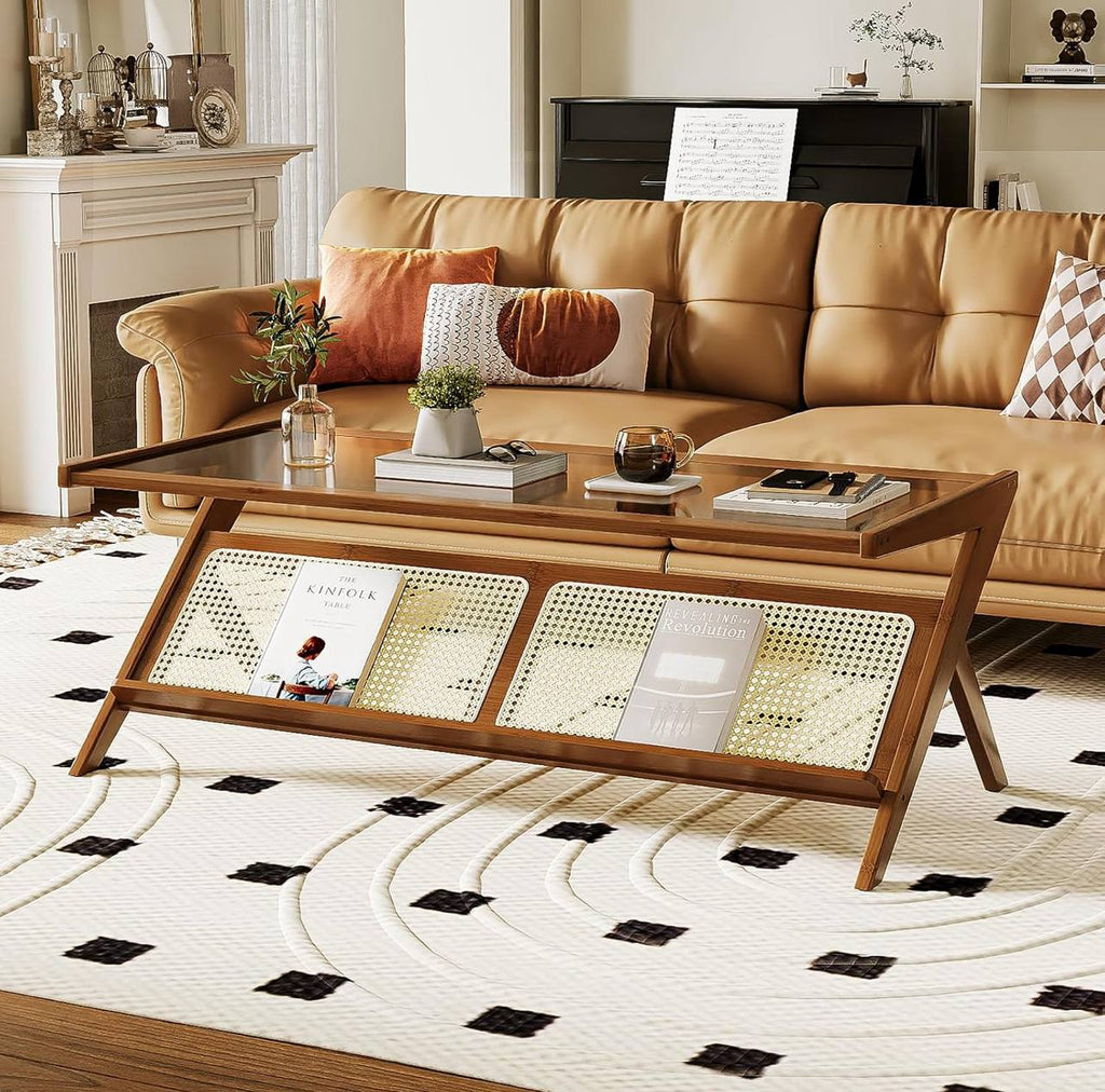 Modern Rattan Coffee Table with Storage Shelf