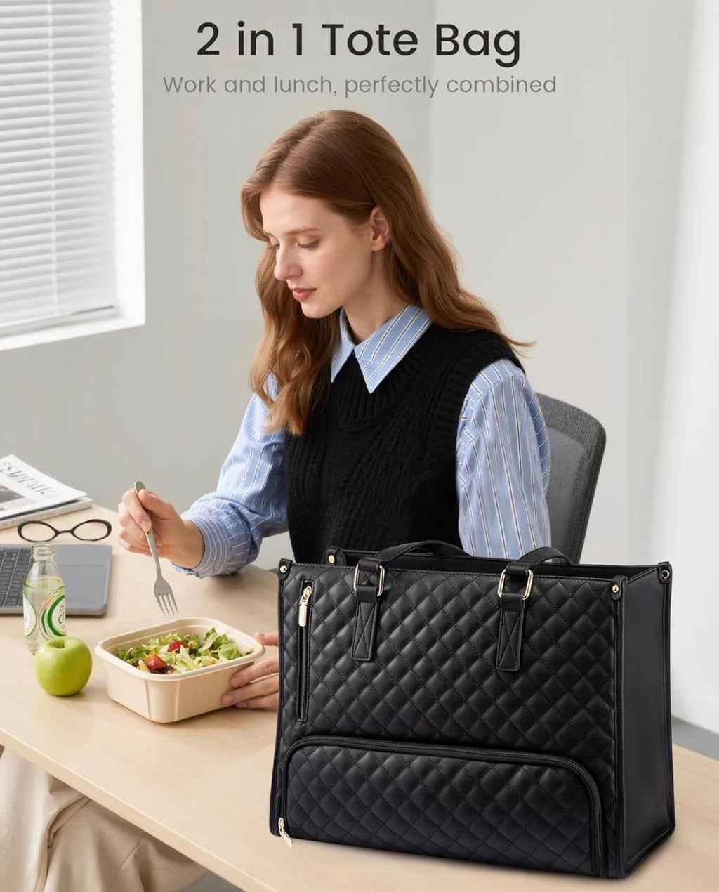 Quilted Large Capacity 15.6‰۝ Business Laptop Tote Bag with Insulated Lunch Compartment