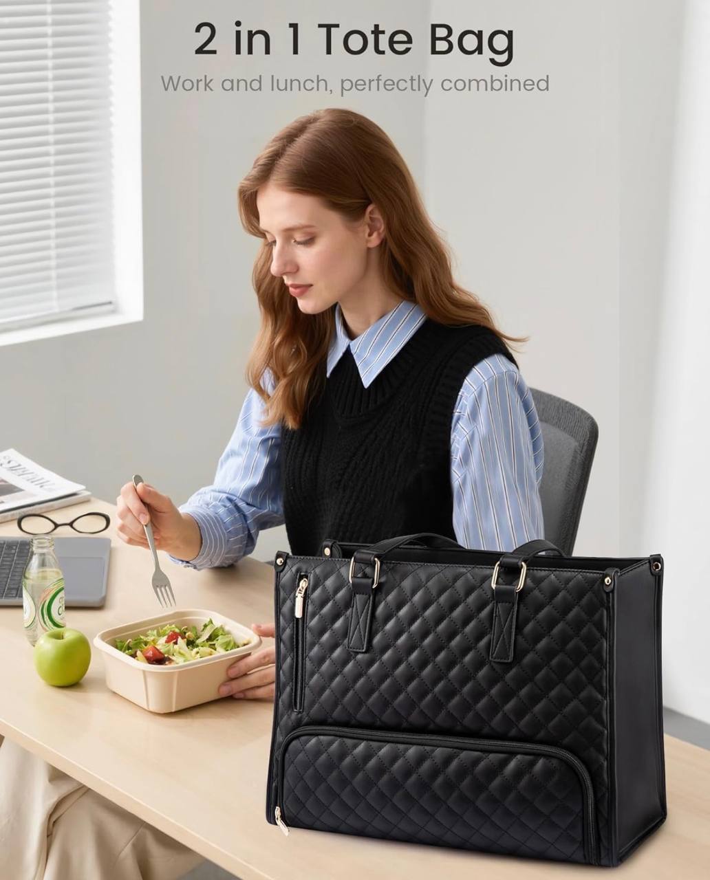 Quilted Large Capacity 15.6‰۝ Business Laptop Tote Bag with Insulated Lunch Compartment