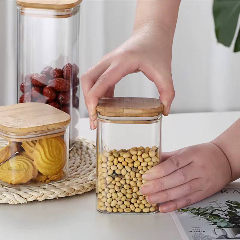 Square Bamboo Lid Glass Jars